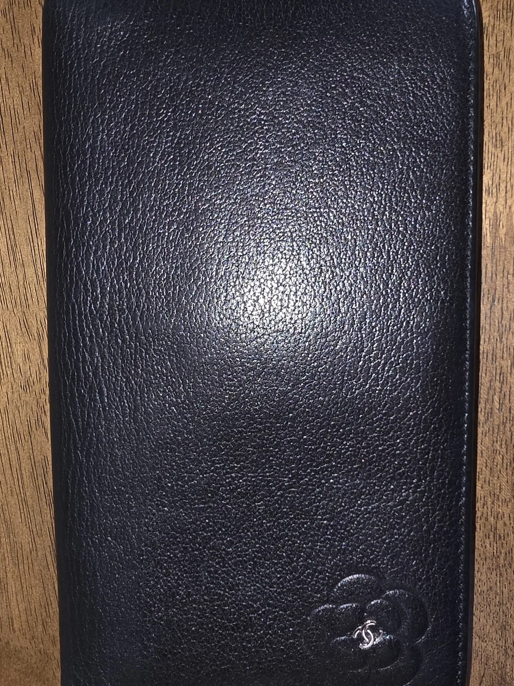 CHANEL Black Lambskin Leather Billfold Camellia Floral Accent With CC Emblem